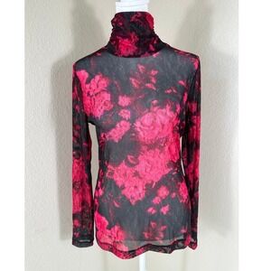 White House Black Market Mesh Turtleneck‎ Top Women XS Pink Floral Gothic